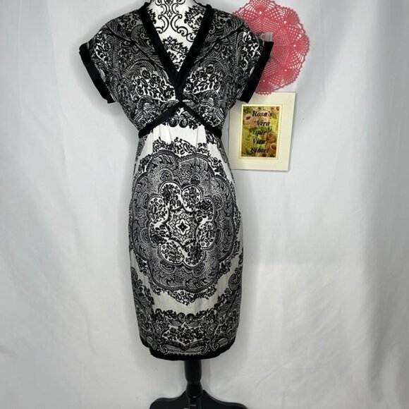 Vintage ICE Paisley Print Black and White Cap Sleeve Dress 8 - Picture 2 of 6